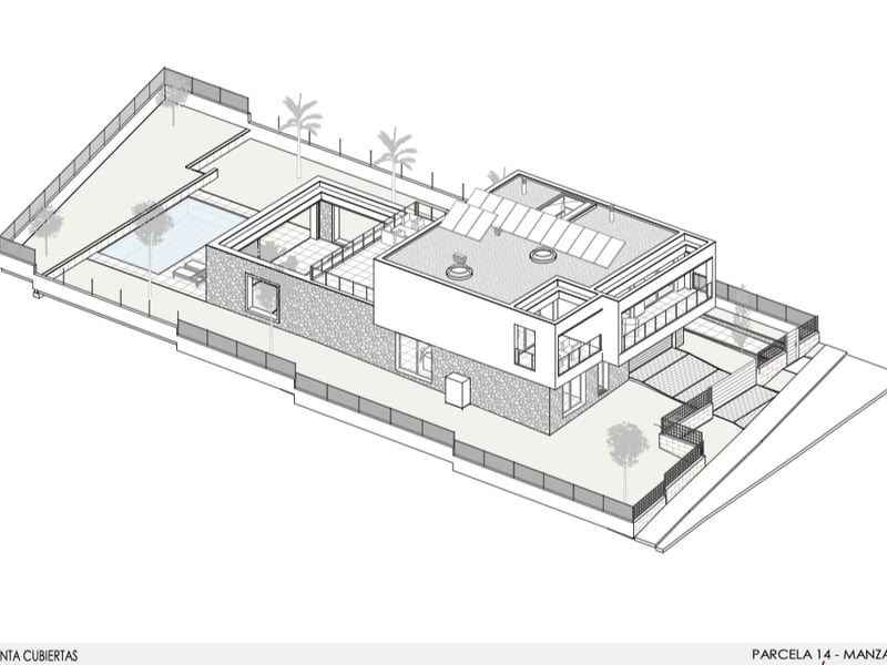 Dessin architectural isométrique d'une villa moderne avec panneaux solaires, terrasses et jardins paysagers.
