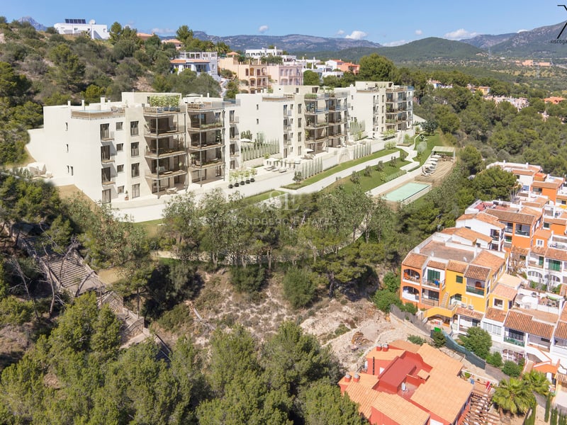 Vue aérienne d'un complexe d'appartements moderne sur une colline avec terrasses privées et piscine commune.