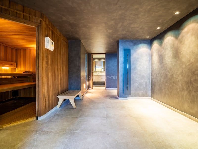 Espace spa moderne avec sauna en bois, murs en microciment gris et éclairage encastré directionnel.