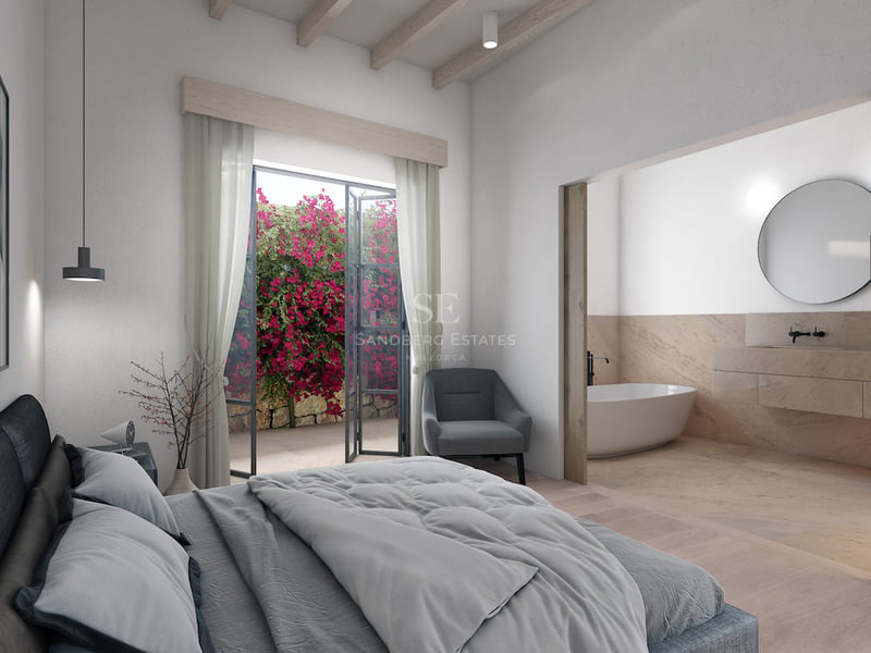Modernes Schlafzimmer mit Holzbalken, Zugang zum Garten mit Bougainvillea und integriertem Bad mit Badewanne.
