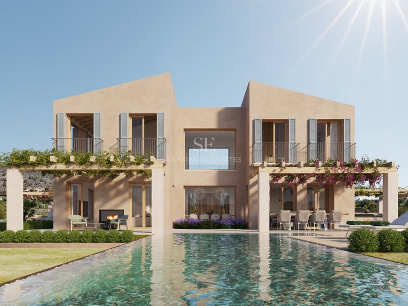 Vue extérieure d'une villa moderne de deux étages avec piscine, pergolas et vue sur la montagne sous un ciel clair.