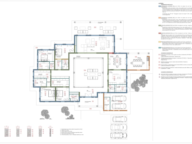 Plan architectural détaillé montrant la disposition des pièces, du garage et des terrasses d'une villa de luxe.