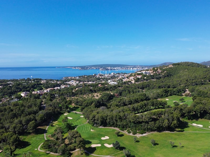Vue aérienne d'un parcours de golf verdoyant bordé d'une forêt de pins et de la mer Méditerranée.