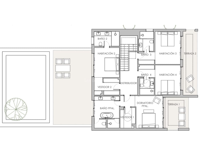 Plan d'étage détaillé avec 4 chambres, suite parentale avec dressing, salles de bains, terrasse et espace piscine.