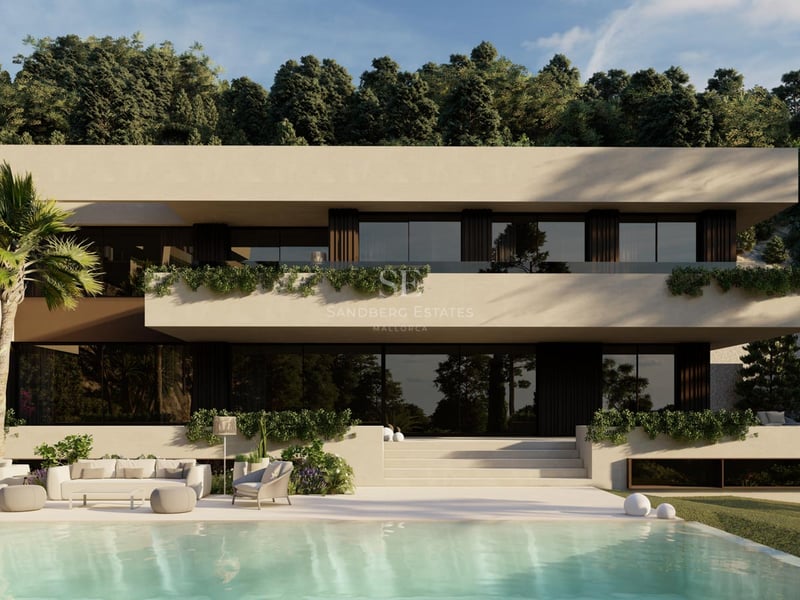 Villa contemporaine en pierre beige avec piscine turquoise, espace lounge extérieur et arrière-plan de forêt dense.