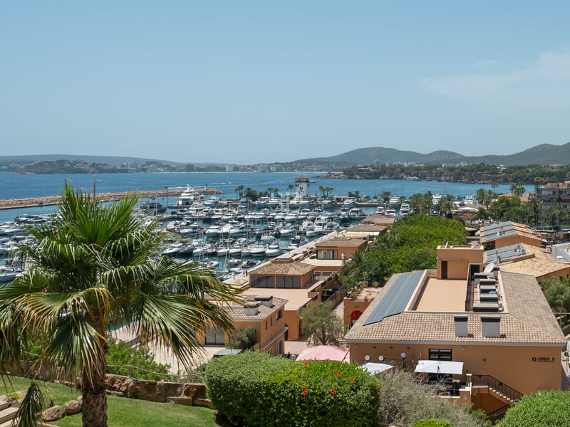 Vue en hauteur d'une marina méditerranéenne remplie de yachts de luxe, surplombant la mer et la côte.