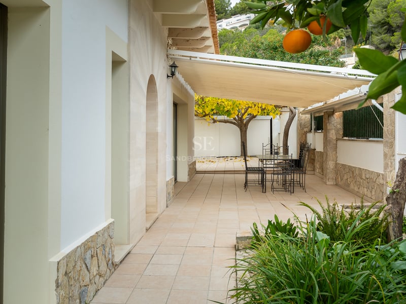 Terrasse ombragée avec table à manger, chaises en métal noir, murs en pierre et un oranger luxuriant.