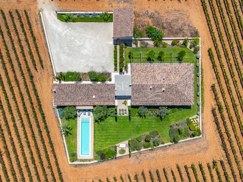 Prise de vue aérienne d'une villa avec piscine turquoise et jardins structurés, entourée de rangées de vignes.