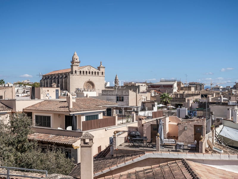 Vue surélevée de toits traditionnels en terre cuite et d'une majestueuse cathédrale en pierre sous un ciel bleu clair.