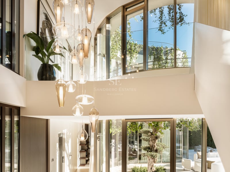 Hall d'entrée lumineux avec lustre en verre, parois vitrées incurvées et vue sur un patio intérieur avec olivier.