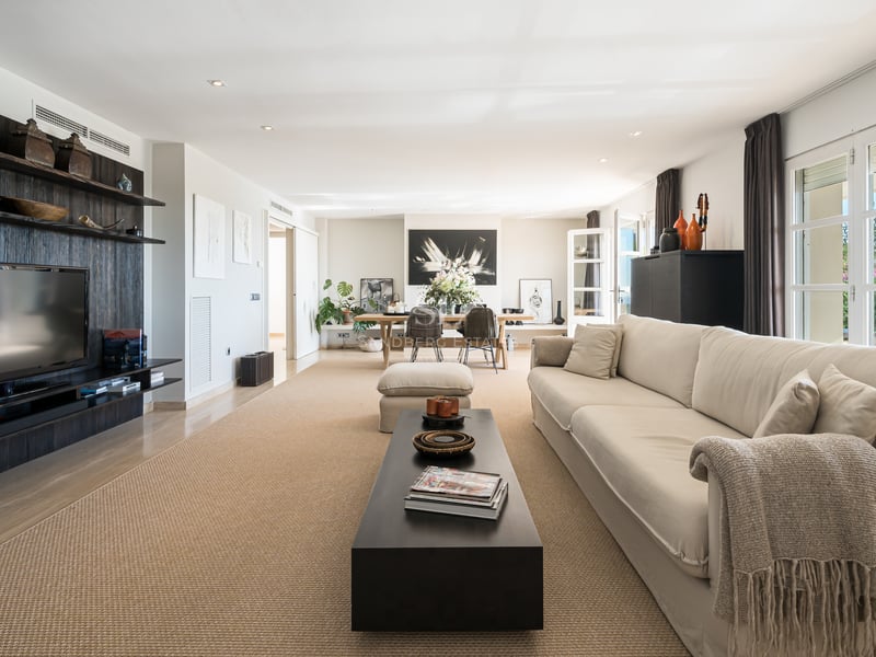 Vaste salon avec canapé beige, meuble multimédia en bois sombre, tapis en fibres naturelles et baies vitrées.