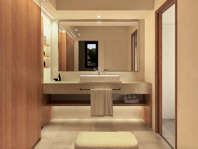 Meuble vasque moderne avec plan de travail en pierre flottant, vasque à poser et menuiserie en bois chaleureux.