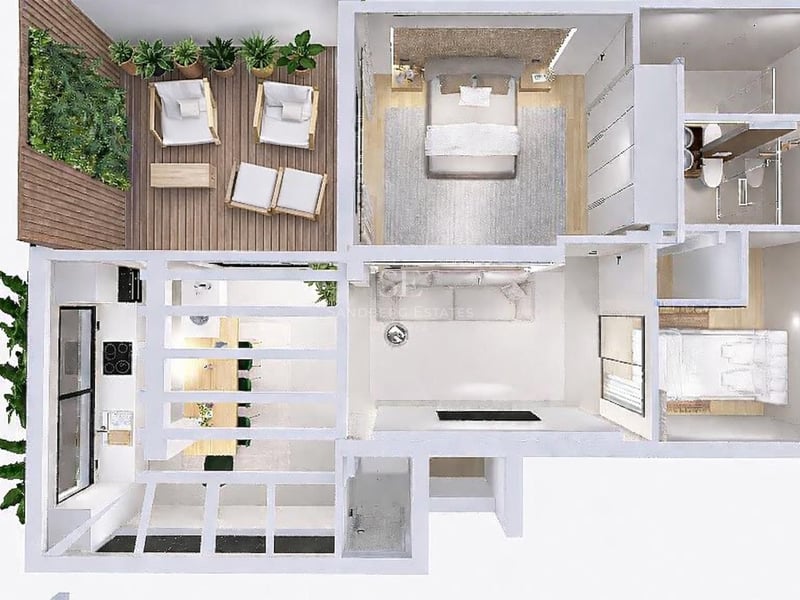 Vue 3D de dessus d'un appartement moderne comprenant deux chambres, une cuisine ouverte et une grande terrasse en bois.