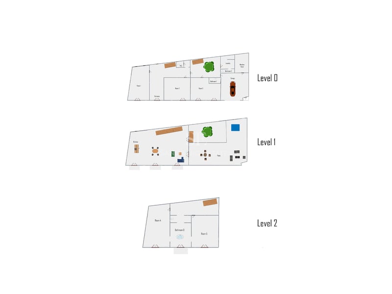 Plan d'étage montrant trois niveaux d'une propriété avec garage, cuisine, patio et plusieurs chambres.