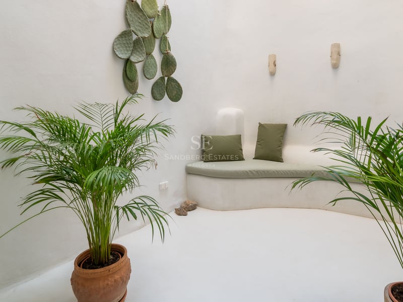 Banquette courbée en maçonnerie blanche avec coussins verts dans un patio minimaliste entouré de palmiers en pots.