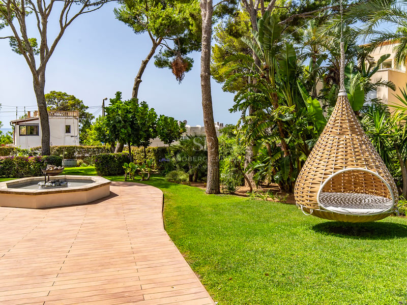 Jardin luxuriant avec terrasse en bois, pins parasols et fauteuil suspendu design sur une pelouse entretenue.