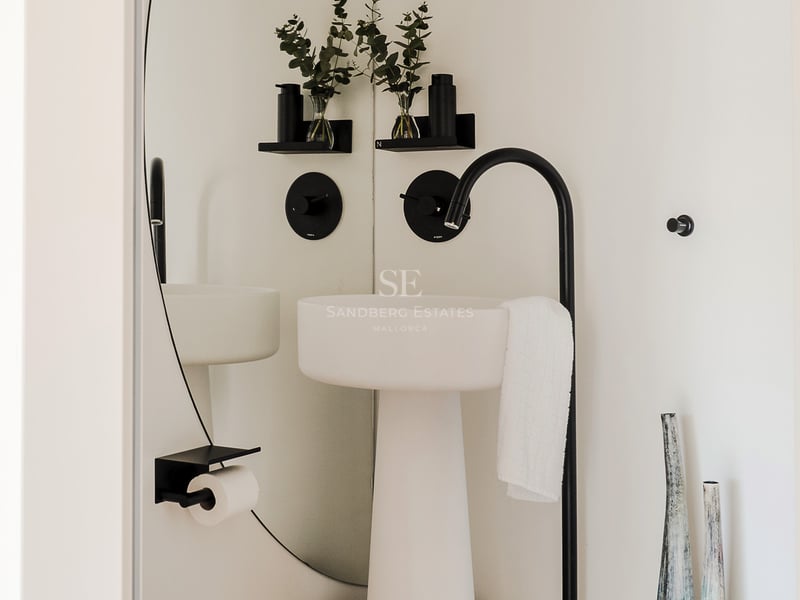 Lavabo sur colonne blanc avec un grand robinet noir mat, miroir rond et branches d'eucalyptus.