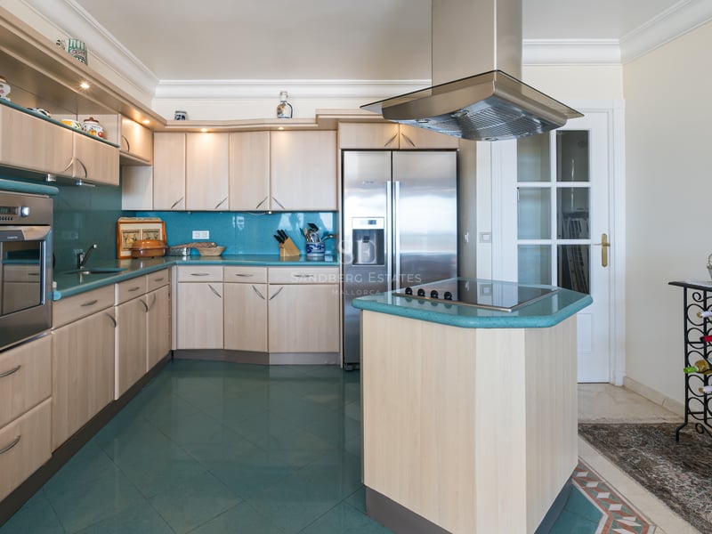 Cuisine contemporaine avec placards en bois clair, plans de travail turquoise et appareils en acier inoxydable.