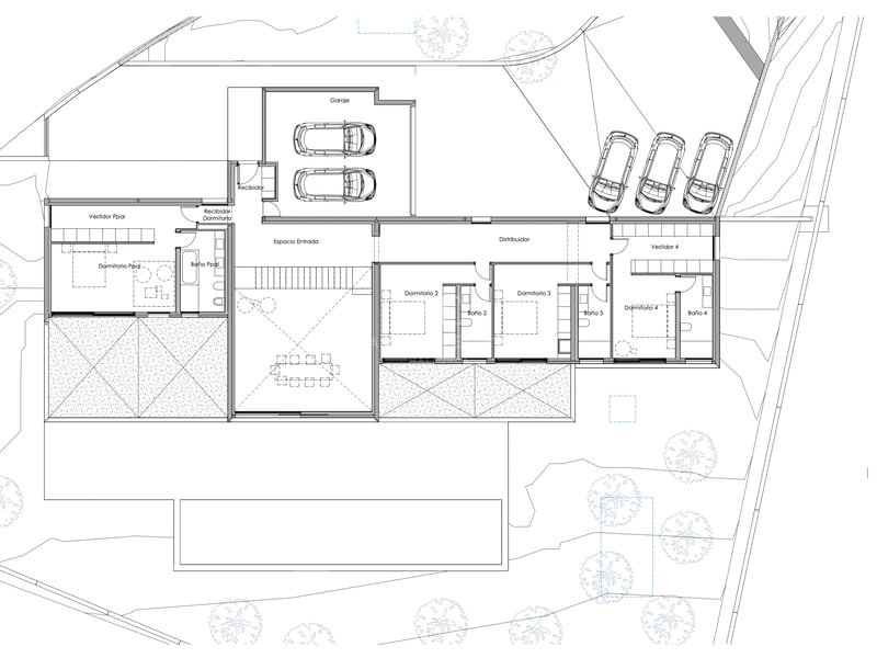 Plan technique montrant l'aménagement d'une villa de 4 chambres, salles de bains attenantes, garage et espaces extérieurs.