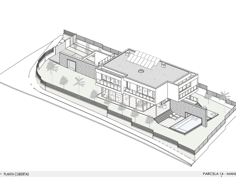 Dessin isométrique 3D d'une villa contemporaine avec piscine, panneaux solaires et jardins paysagers.