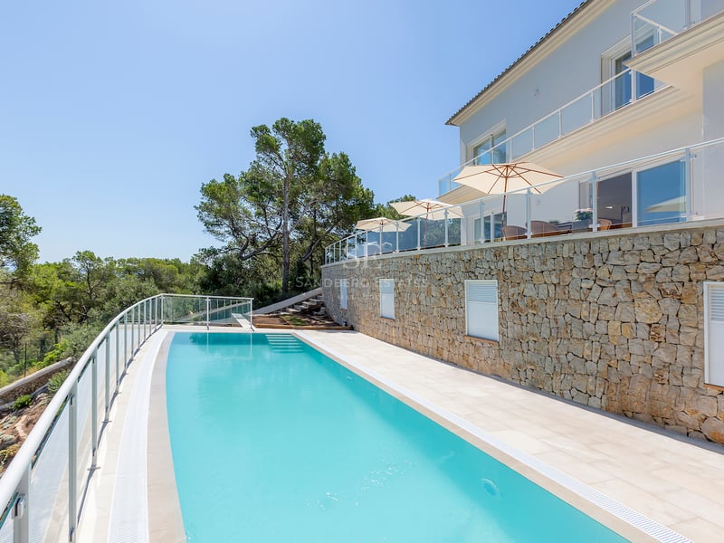 Une longue piscine turquoise bordant une villa moderne blanche avec des murs en pierre et des garde-corps en verre.