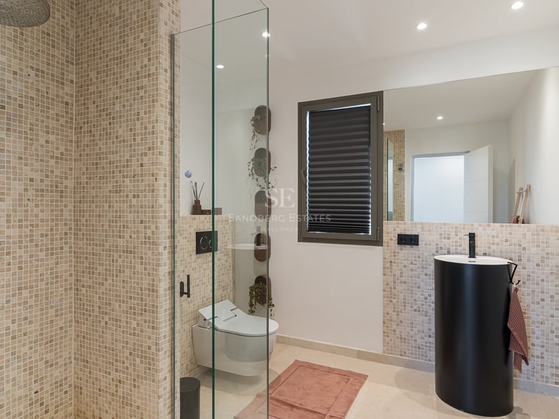 Salle de bain moderne avec mosaïque, paroi en verre, vasque colonne noire mate et toilettes suspendues.