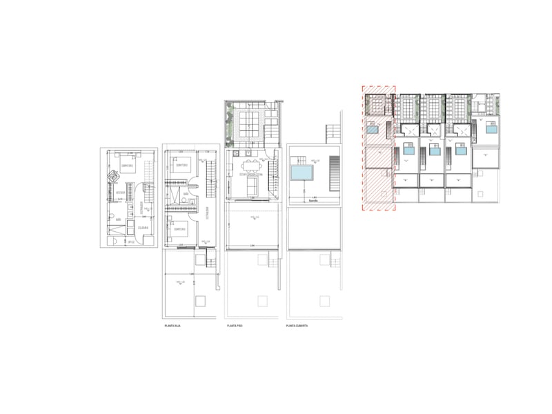 Plans d'étage détaillés montrant le rez-de-chaussée, le premier étage et le toit-terrasse avec piscine privée.