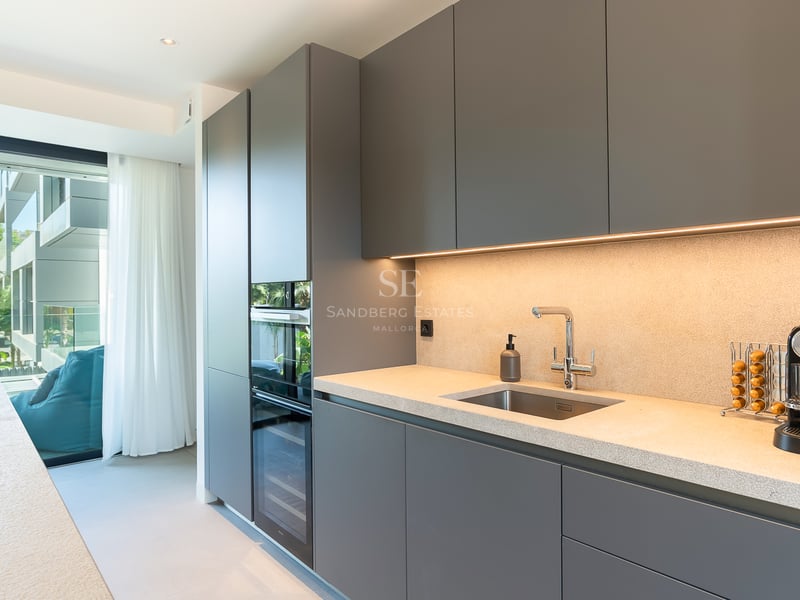 Cuisine contemporaine gris mat avec plan de travail en pierre, appareils intégrés et accès direct à la terrasse.
