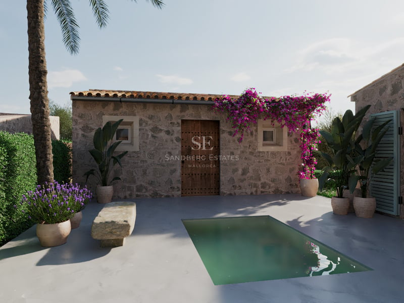 Petite piscine privée entourée de lavande et de bougainvilliers dans une cour méditerranéenne rustique.