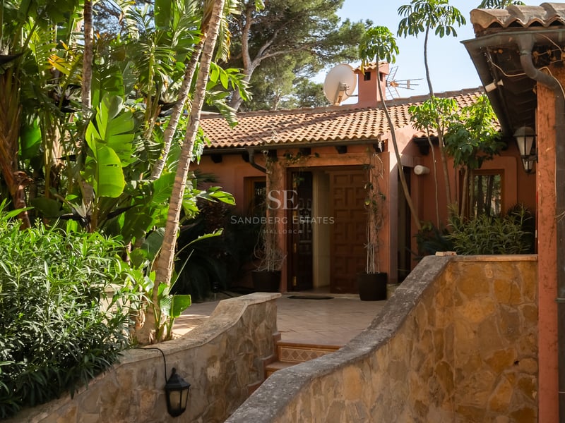 Entrée de villa aux tons chauds avec porte en bois, chemin en pierre et végétation tropicale sous un soleil radieux.