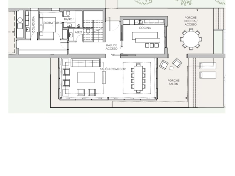 Plan architectural du rez-de-chaussée montrant le séjour, la cuisine, une chambre et de grandes terrasses.