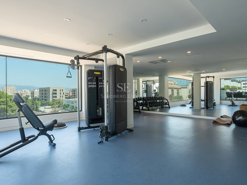 Salle de fitness de luxe avec baies vitrées, équipement Technogym, grands miroirs et sol en caoutchouc bleu.