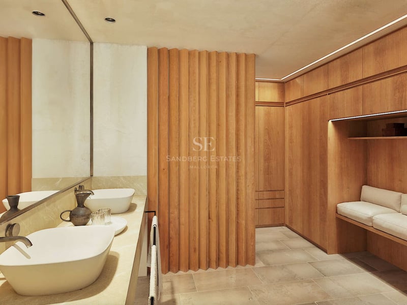 Salle de bain contemporaine avec double vasque blanche et parois en bois cannelé menant à un dressing.