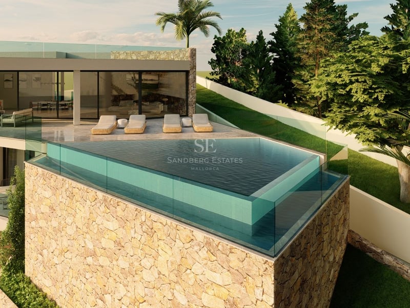 Vue aérienne d'une villa luxueuse avec piscine à débordement, jardin impeccable et architecture moderne. Façade blanche, grandes baies vitrées et design minimaliste.