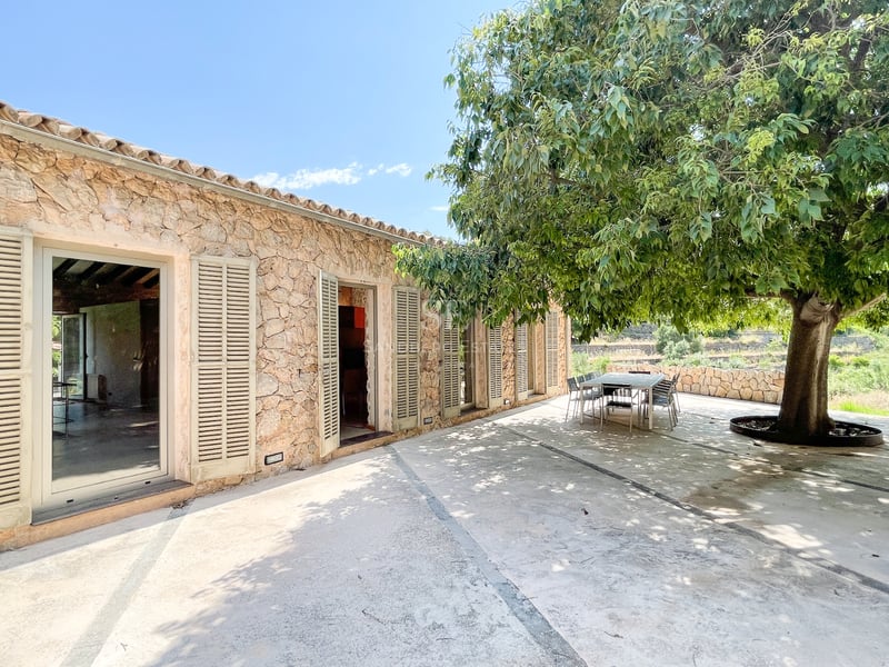 Façade en pierre naturelle avec volets majorquins et grande terrasse ombragée par un arbre imposant.