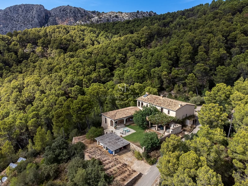 Vue aérienne d'une villa en pierre nichée dans une forêt de pins avec des montagnes au loin.