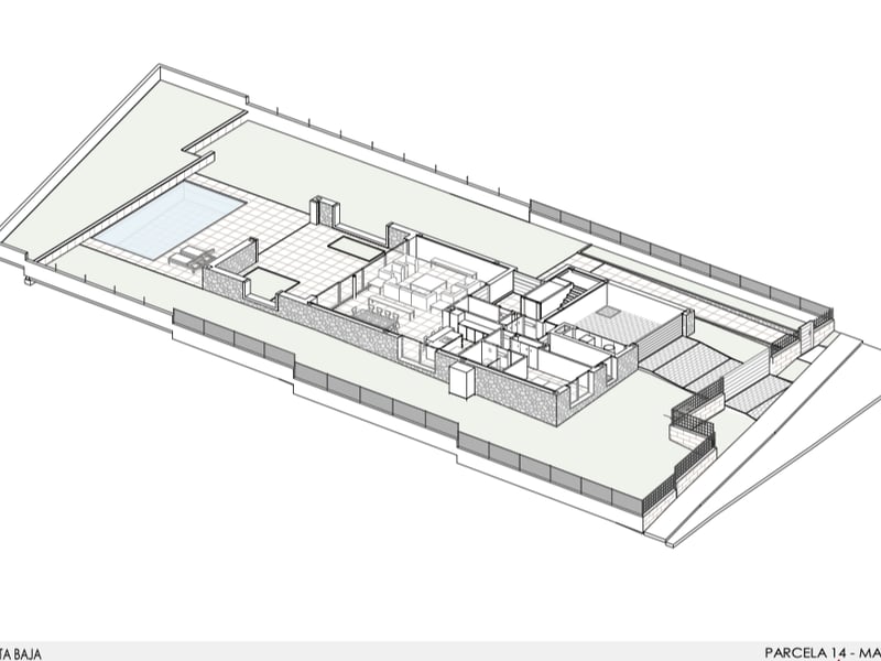 Plan 3D isométrique montrant l'aménagement d'un appartement moderne avec grande terrasse et piscine privée.