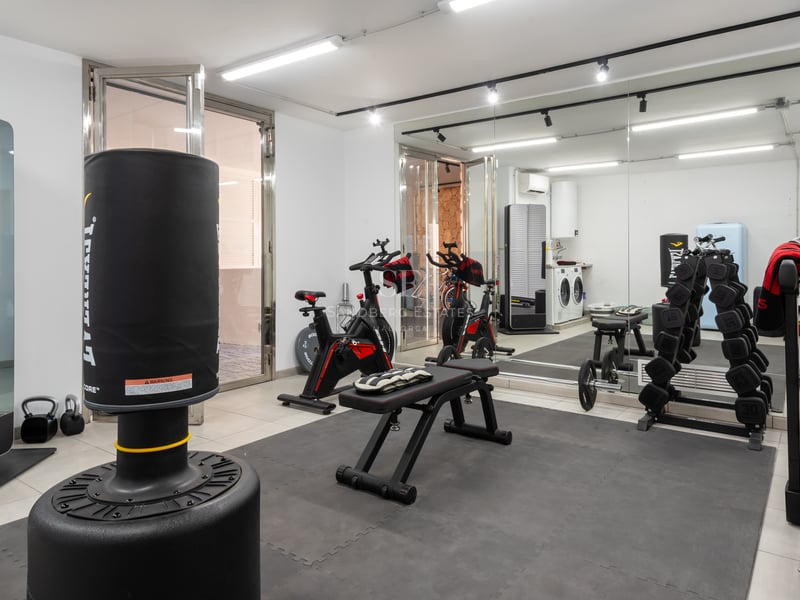Salle de sport moderne à domicile avec sac de frappe, vélo de spinning, poids, tapis de course et miroirs muraux.