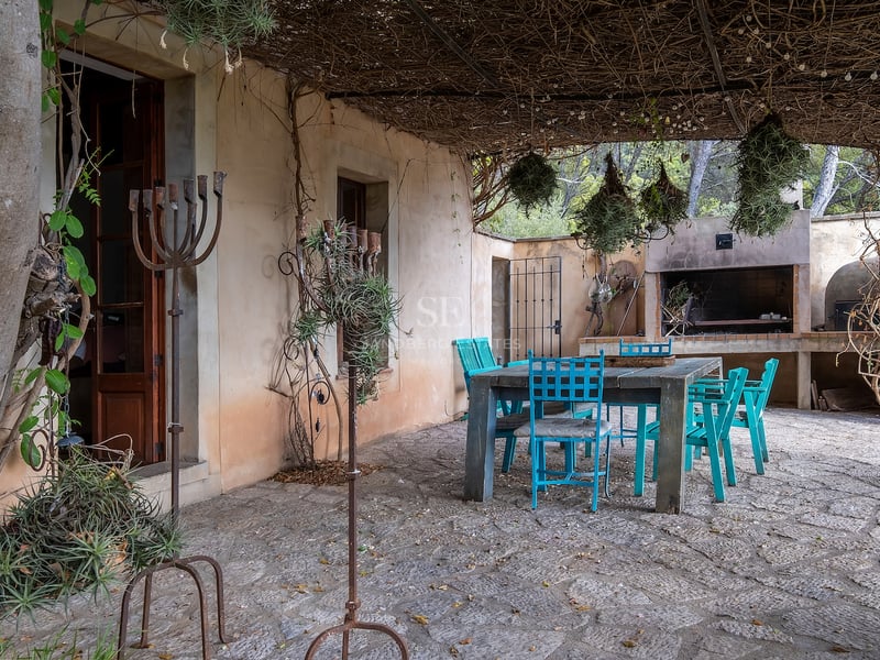 Terrasse en pierre avec table en bois, chaises bleu turquoise, toit en brande et un coin barbecue à l'arrière-plan.