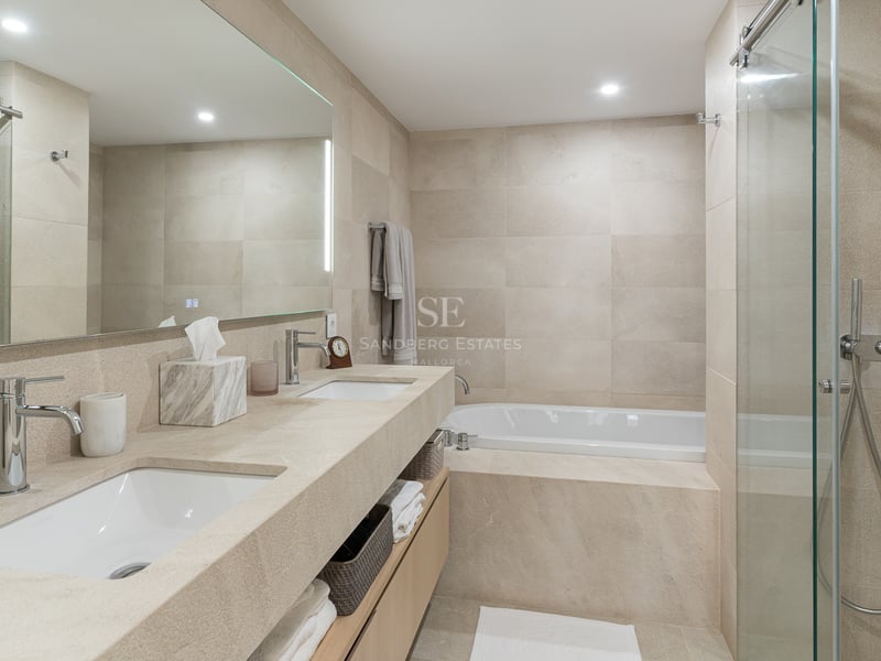Salle de bains moderne avec double vasque en pierre, baignoire et douche à l'italienne vitrée.