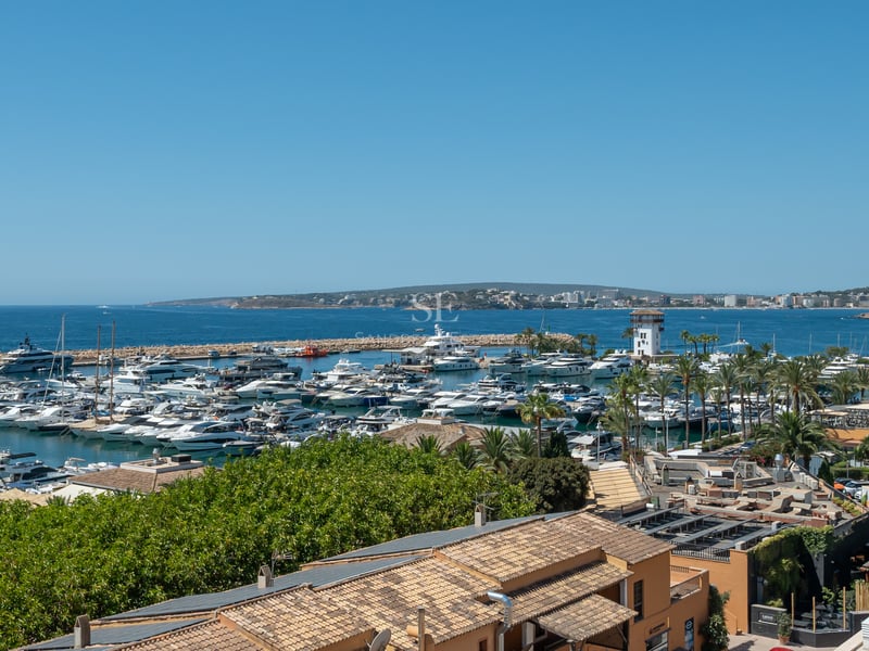 Vue panoramique d'une marina de luxe remplie de yachts blancs sous un ciel bleu clair, surplombant la mer Méditerranée.