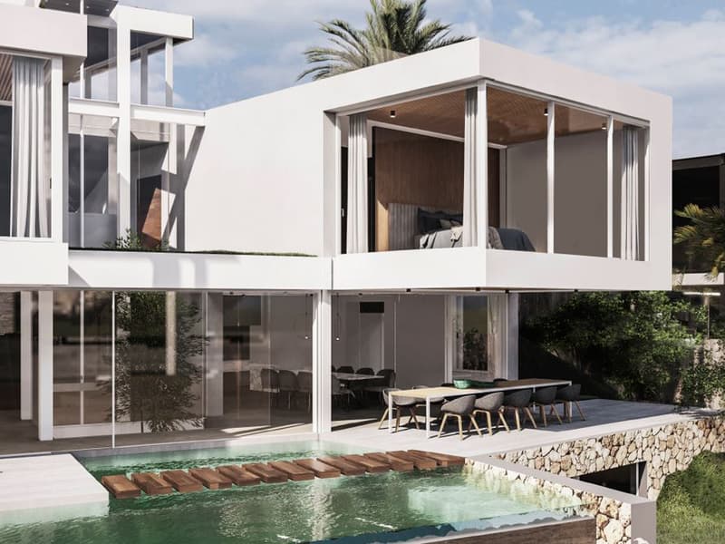 Villa blanche moderne avec piscine à débordement, pas japonais en bois et salle à manger extérieure.
