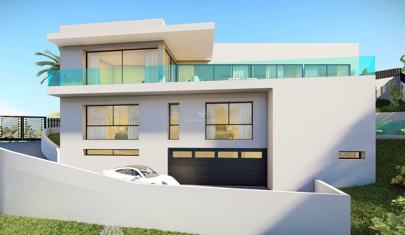 Modern Contemporary Villa in Marbella Front facade of a white contemporary three-story villa with glass balconies and an integrated garage.