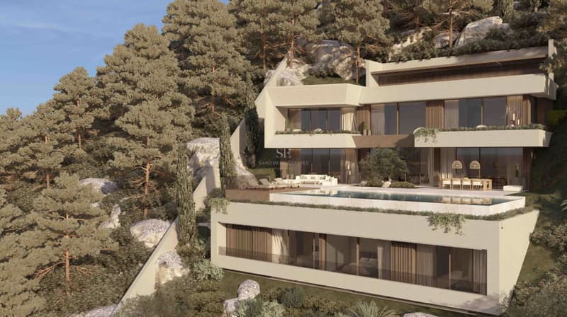 Modern Luxury Villa with Infinity Pool and Sea Views Contemporary three-story villa built into a rocky hillside with an infinity pool and tiered terraces surrounded by pine trees.