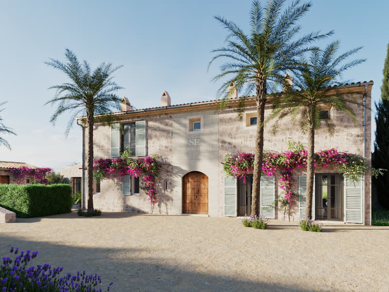 Traditional Mediterranean Stone Villa Facade Facade of a rustic stone villa with three palm trees, purple bougainvillea, and a large arched wooden door.