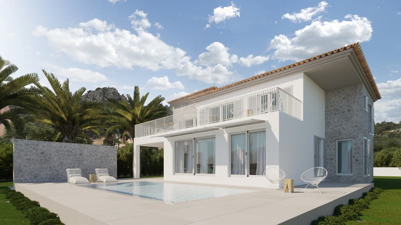 Villa moderna de piedra y blanco con piscina, palmeras y fondo de montaña bajo un cielo azul despejado.