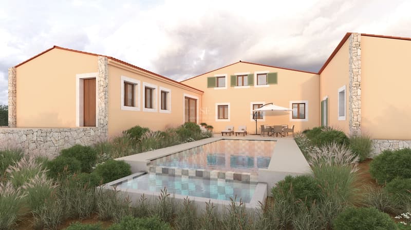 Luxury Mediterranean Villa with Tiered Pool Mediterranean villa with peach-colored walls and a multi-level swimming pool surrounded by ornamental grasses.