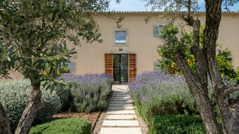 Camino de piedra flanqueado por lavanda que conduce a la puerta de una villa tradicional color ocre.