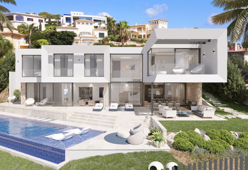 Villa Moderna con Piscina Infinity y Terrazas Vista exterior de una villa de lujo blanca con piscina infinity y terraza de piedra natural bajo el sol.