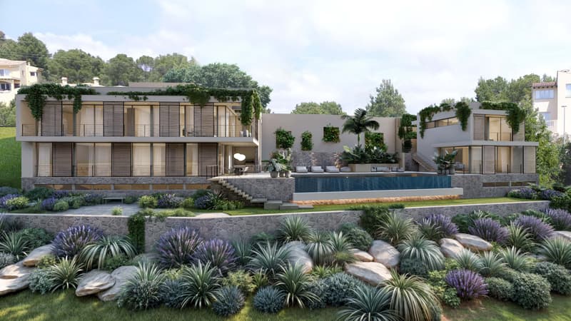 Fachada de una villa moderna de varios niveles con grandes ventanales, muros de piedra y piscina rodeada de jardines.